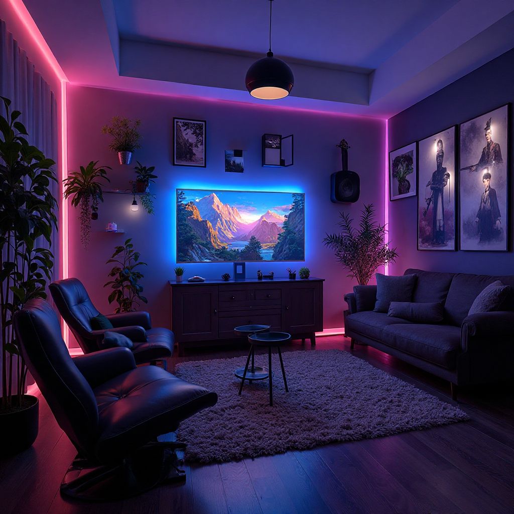 Comfortable gaming lounge with ambient lighting