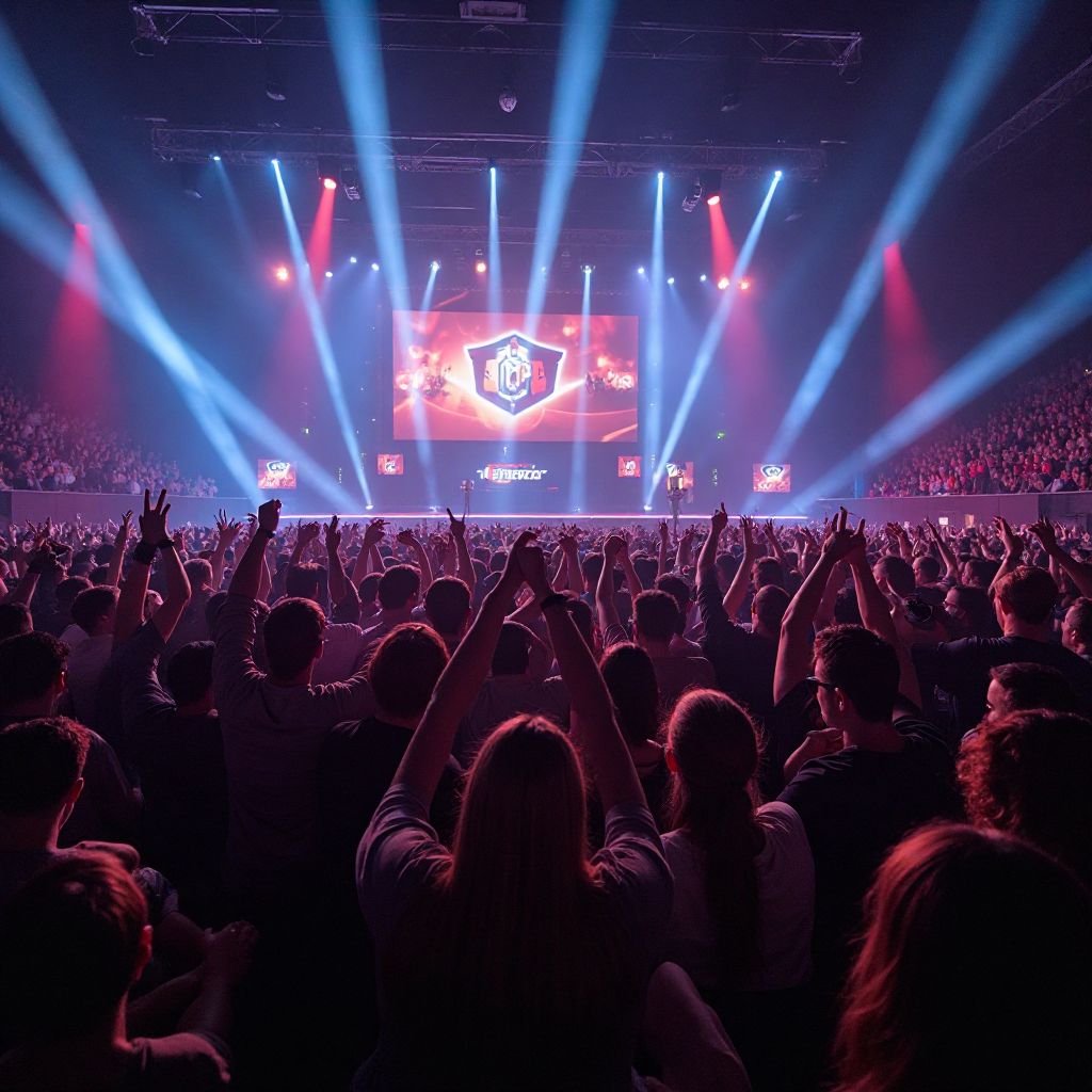 Esports tournament with cheering crowd